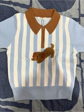 Light Blue & White Striped Crop Top with Brown Collar and Dog